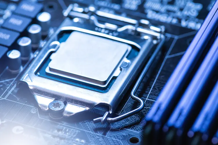Close up of gaming PC motherboard with CPU chip Ireland